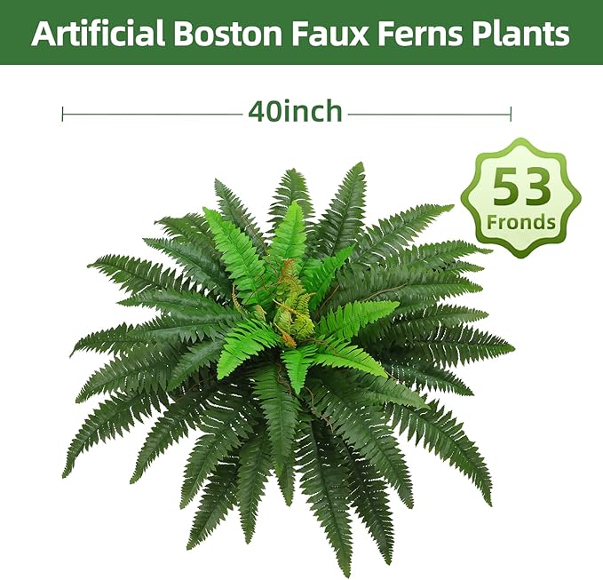 40" Artificial Boston Ferns Bush Plants, Set of 2, Large Faux Ferns Hanging Decor with 53 Fronds, Fake Vines Indoor Or Outdoors Planter for Home and Office Decor
