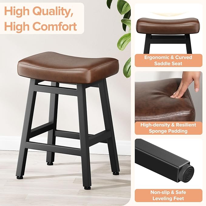 Counter Height Bar Stools Set of 3, 24 Inch Barstools for Kitchen Counter, Kitchen Stools with Bonded Leather Saddle Seats & Heavy Duty Metal Legs, Easy Assembly, Brown/Black