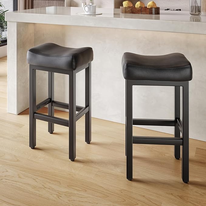 29 Inch Bar Height Bar Stools Set of 2, 29" Barstools for Kitchen Island Counter, Backless Bonded Leather Bar Height Stools with Thick Saddle Seats & Heavy Duty Metal Base, Easy Assembly, All Black