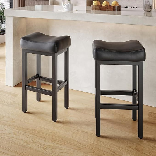 29 Inch Bar Height Bar Stools Set of 2, 29" Barstools for Kitchen Island Counter, Backless Bonded Leather Bar Height Stools with Thick Saddle Seats & Heavy Duty Metal Base, Easy Assembly, All Black