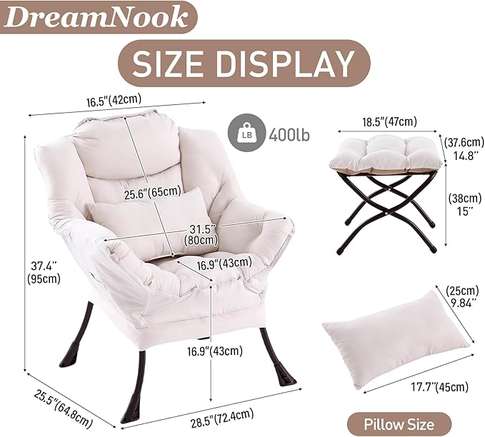 Lazy Chair with Ottoman, Modern Accent Chair with Lumbar Pillow, Comfy Chairs with Folding Footrest for Bedroom, Reading, Oversized Supportive Lounge Chairs(Beige)