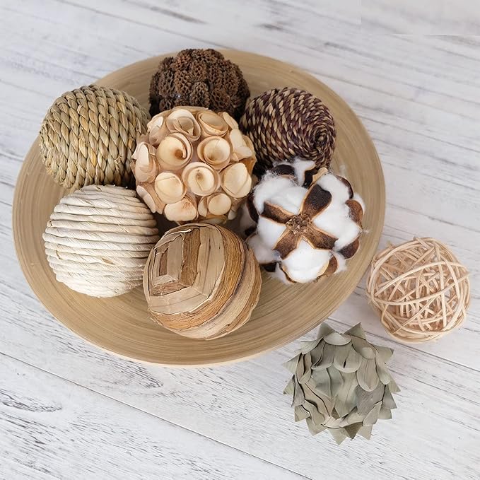 Decorative Balls Spherical Assorted 9pcs Brown White Orbs Rustic Natural Twig Rattan Woven Cotton Balls for Vase Bowl Filler Tabletop Decor Home Party Wedding Display