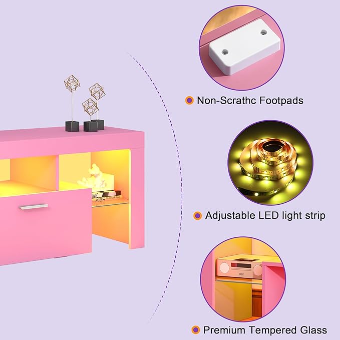 Clikuutory Modern Lighting 63 inch TV Stand with Large Storage Drawer for 50 55 60 65 70 75 Inch TVs, TV Console with 20 Color LED Lights, Entertainment Center Media and Open Shelf for Bedroom, Pink