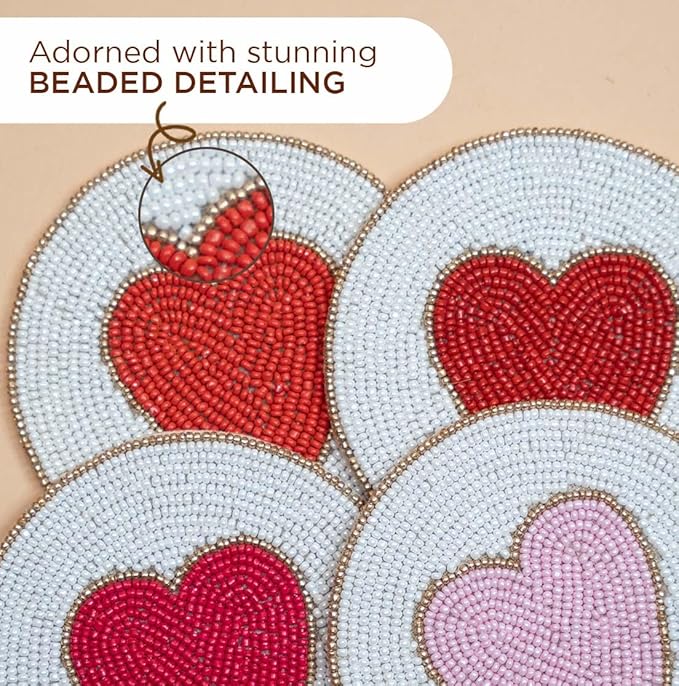 Folkulture Beaded Coasters for Drinks | Set of 4 (4") Round Decorative Bar Coasters for Table Décorations | Modern Coaster for Coffee Table for Her or Housewarming Gift