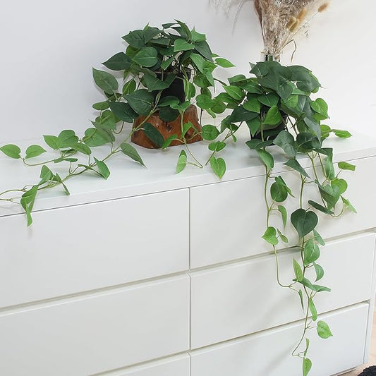 Fake Pothos Hanging Plants – Set of 2 Faux Ivy Vines with Pots, Realistic Silk Devil’s Ivy for Indoor Décor, Low Maintenance Artificial Greenery for Home or Office (Green)