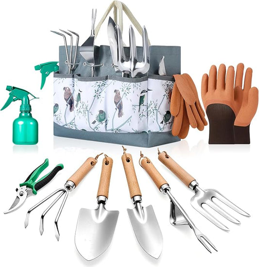 9-Piece Gardening Tools Set - Complete Gardening Kit with Heavy-Duty Stainless Hand Tools, Durable Storage Bag with Garden Accessories, Ideal Gardening Gifts for Women, Men, Gardeners