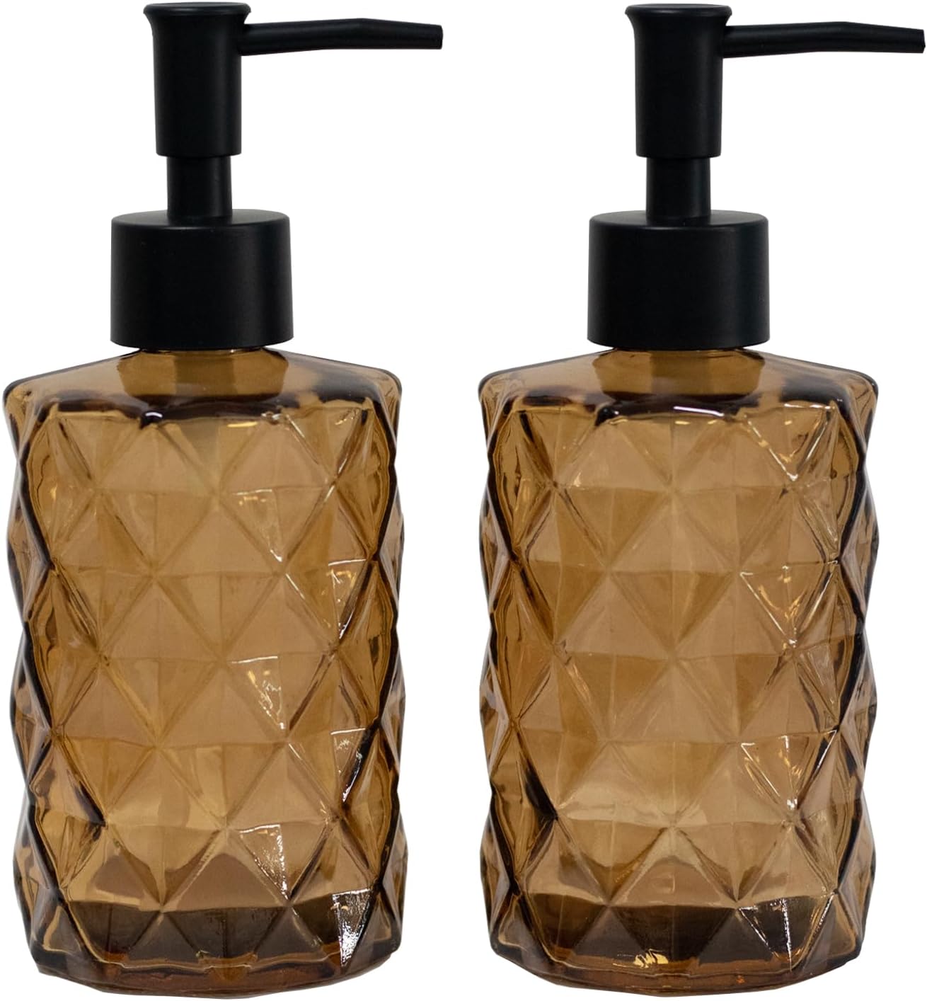 Brown Glass Soap Dispenser with Black Plastic Pump, 12oz Refillable Liquid Hand Soap Dispenser, 2 Pack Crystal Lotion Bottle for Modern Home Decor, Bathroom, Kitchen Countertop, Hotel