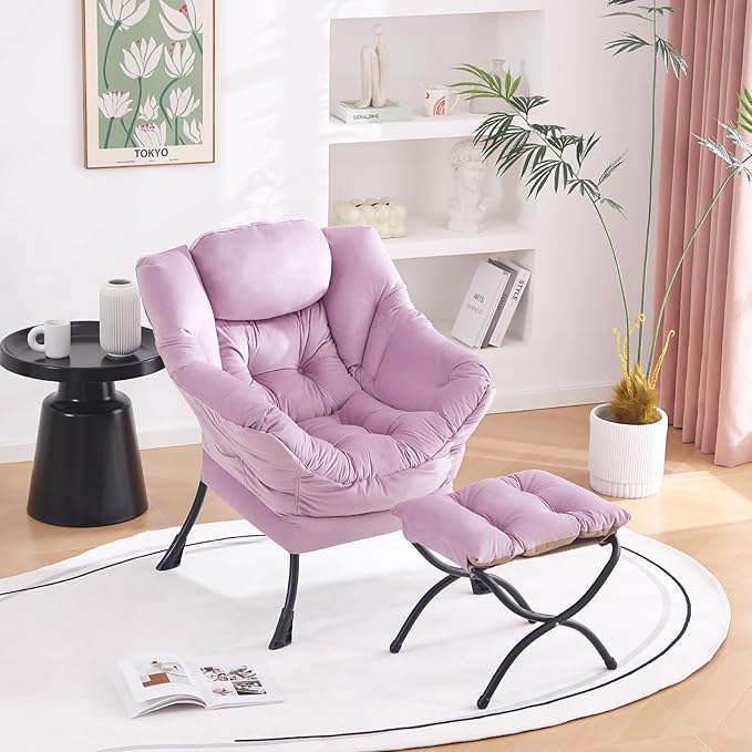 Welnow Lazy Chair with Ottoman, Modern Lounge Accent Chair with Armrests and a Side Pocket, Leisure Upholstered Sofa Armchair Set, Reading Armchair with Footrest for Small Space, Light Purple