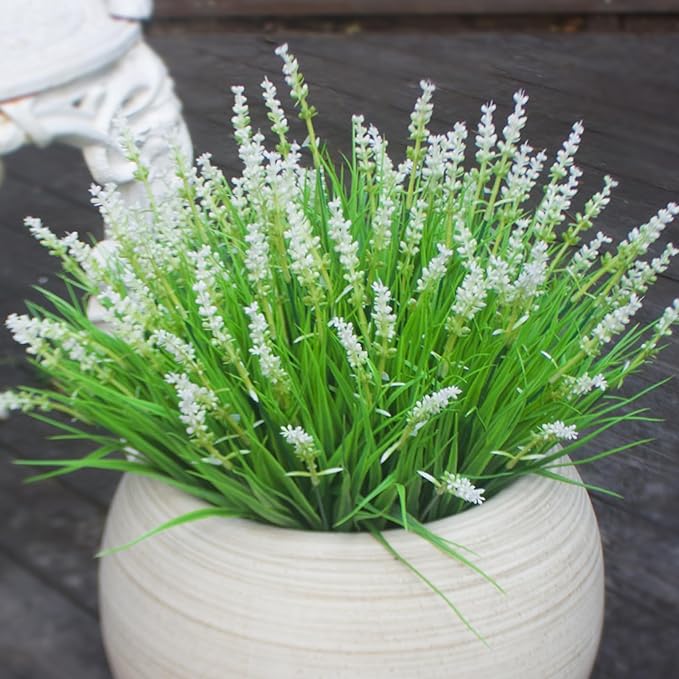 Outdoor Artificial Plants 12 Bundles White Wild Flowers Look Real Fake Flower for Outdoors Spring Summer for Outside Window Box Planter Garden Decor (12 Bundles White Monkey Grasses)