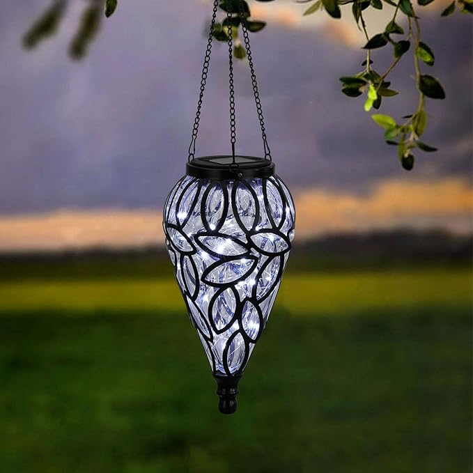 LEWIS&WAYNE Solar Hanging Lantern Outdoor Lights, Tear-Shaped 15 LEDs Cool White Hanging Lights with S Hooks Decor in Garden, Yard, Pathway, Front Door and Landscape