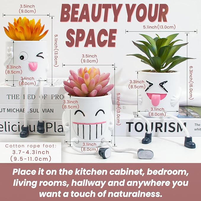 3 Pcs Cute Fake Plant Mini Potted Succulents with Hanging Leg White Pot Creative Artificial Succulent Plants in Funny Pot Faux Succulents for Home Office Shelf Desk Decor and Gift Choice