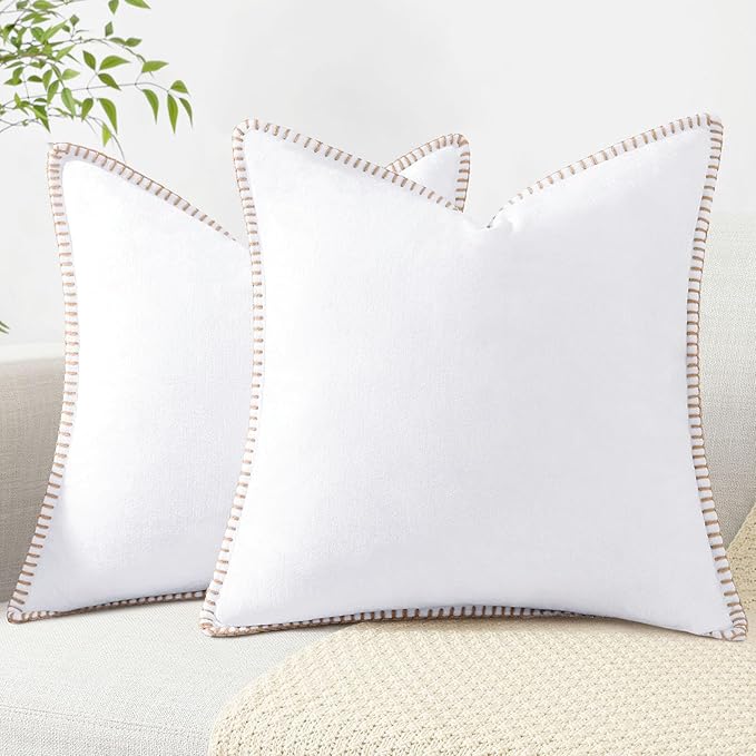 decorUhome Chenille Soft Throw Pillow Covers 22x22 Set of 2, Farmhouse Velvet Neutral Decorative Euro Pillow Covers with Stitched Edge for Couch Sofa Bed Home Decor, White