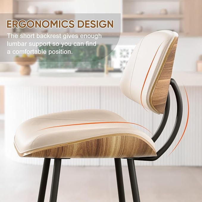 Mid Century Modern Bar Stools Set of 4, PU Leather Counter Height Stools with Walnut Bentwood Back & Metal Legs, 26.7" Barstools Kitchen Island Chairs with Footrest for Home Bars, Beige