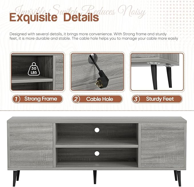 YESHOMY Modern TV Stand for 65" Television, Entertainment Center with Two Storage Cabinets, Retro Style Media Console for Living Room, Bedroom, Office, 58 Inch, Gray