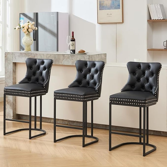 Counter Height Bar Stools Set of 3, 24" Modern Barstools with Back, Faux Leather Upholstery Counter Chairs with Metal Legs for Kitchen Island, Bar, Counter, Black