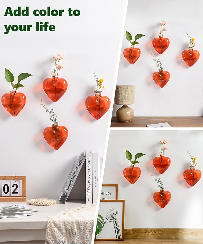 Nacome Wall Hanging Glass Planter Terrarium Plant Propagation Station, 4 Pack Heart Shape Vase for Hydroponic Home Office Garden Decor,Unique Gardening Gifts for Plant Lovers Women Mom(Orange)