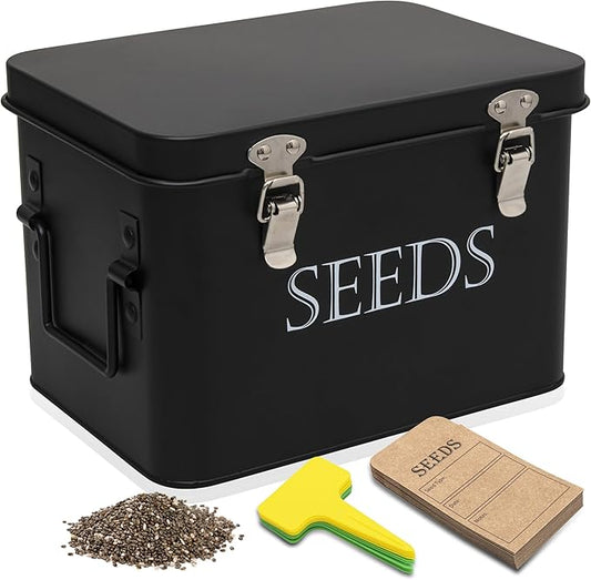 Garden Seed Storage Box with Dividers Seeds Packet Organizer Case for Gardening 3 Inner Slot Bird Plant or Vegetable Seed Container Saver Tin – Black Galvanized Metal with Envelopes & Labels