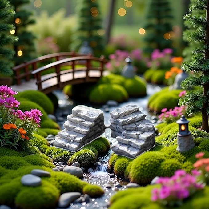 4Pcs Miniature Garden Bridge and Stone Steps, Resin Fairy Garden Decor, Bonsai Ornament