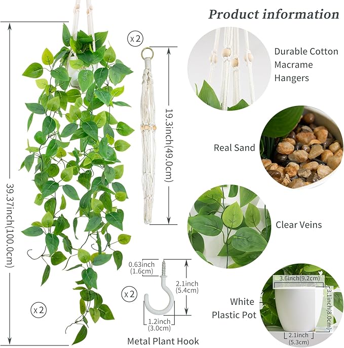 LOYWREE 2 Pack Artificial Hanging Plant Kit with Pot and Hanger - 39" Long Fake Pothos Vines - Hanging Potted Faux Plant Indoor for Wall Ceiling Bedroom Bathroom Living Room Home Decor (White Pot)