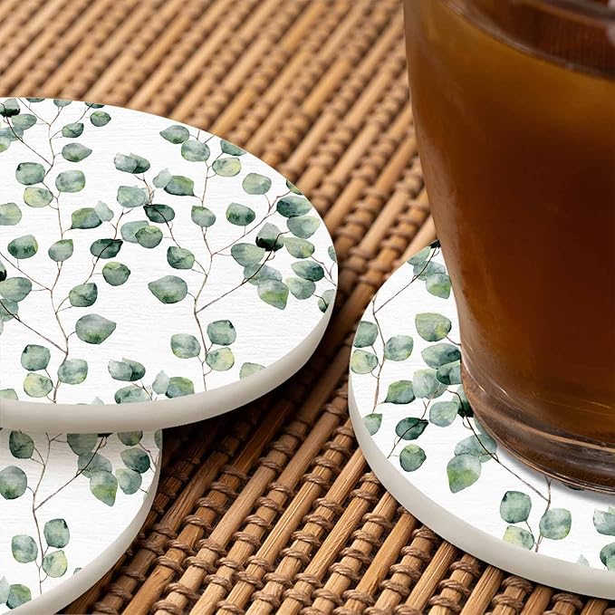 Eucalyptus Round Leaf Coasters Set for Wood Table Green Branches and Leaves Twig Natural Plant Foliage Tabletop Protection Mat for Mugs and Cups 4 Inch for Kitchen Office Home