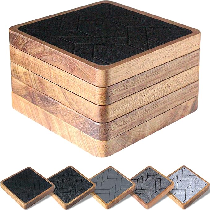 5 Pack Coasters for Drinks Absorbent, EDEGG Square Wood Coasters with Felt Pads, Drink Coasters for Coffee Tabletop Protection, Non-Slip, Non-Stick, Suit for Kinds of Cups 4.1 inch Gray