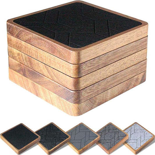 5 Pack Coasters for Drinks Absorbent, EDEGG Square Wood Coasters with Felt Pads, Drink Coasters for Coffee Tabletop Protection, Non-Slip, Non-Stick, Suit for Kinds of Cups 4.1 inch Gray