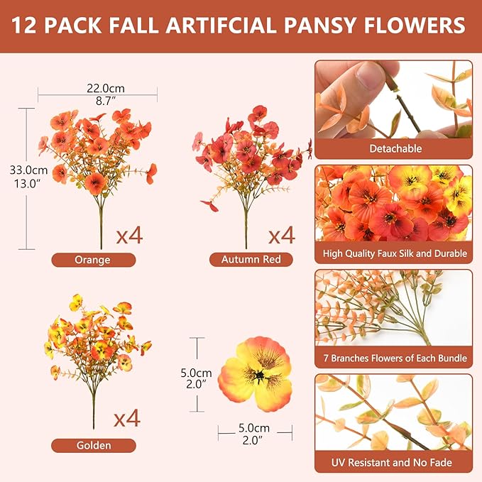 Artificial Fall Flowers for Outdoor, 12 Bundles Faux Pansy Fake Mums Flowers Plants Outdoor Fall Decor, UV Resistant No Fade Silk Flower for Porch Planter Patio Yard Garden(Orange Autumn Sunset Red)