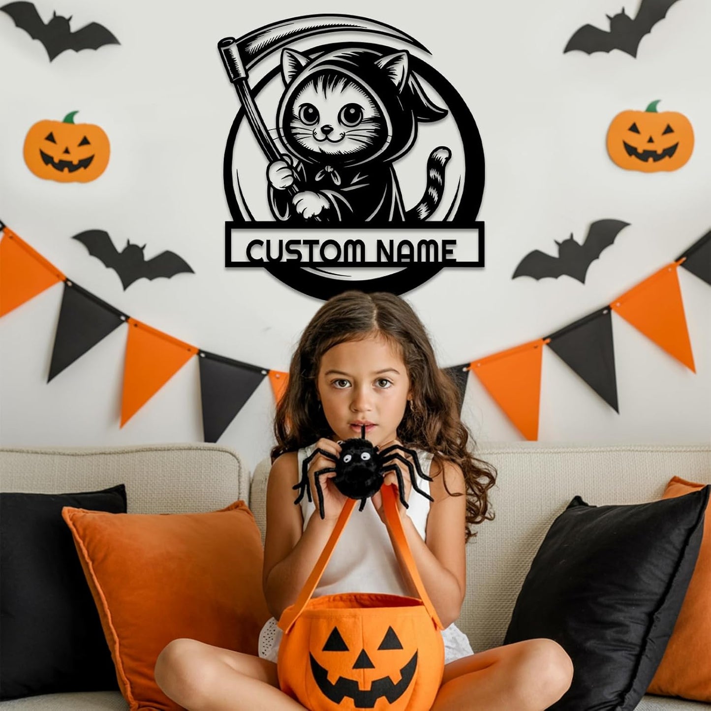 Personalized Scythe Cat Metal Sign, Custom Name Halloween Metal Wall Art, Cute Halloween Decor for Home, Living Room, Porch or Door, Halloween Decorations Outdoor/Indoor