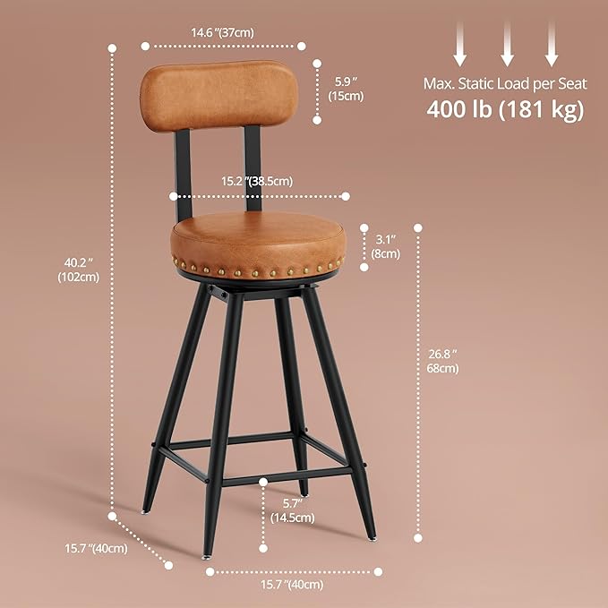 IRONCK Counter Height Bar Stools Set of 2, 26" Swivel Barstools with Backs, Hand-Riveted Design, Wide Seat, PU Leather Upholstered, Armless Bar Chairs for Kitchen Island, Brown