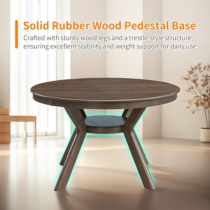 NicBex 47.24" Rubber Wood Round Dining Table for 4-6 People, Mid-Century Kitchen and Dining Table with Wooden Trestle Base, Rustic Brown Solid Wood and MDF Table for Dining Room or Living Room Oak