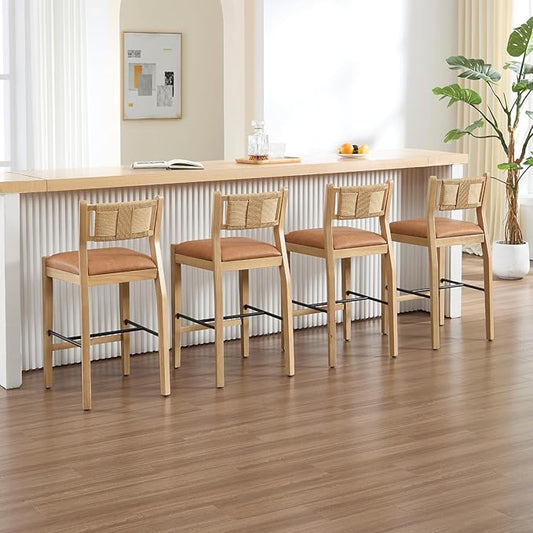 CIMOTA Rattan Counter Height Bar Stools Set of 4, 26" Farmhouse Barstools with Woven Backs, Boho Wood Bar Chairs Leather Upholstered Counter Stools for Kitchen Island/Counter/Bar, PU Brown
