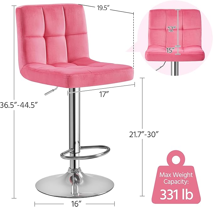 Yaheetech Pink Bar Stools Set of 2, Adjustable Velvet Barstools, Modern Counter Height Swivel Stool with Bigger Base for Kitchen Island, Pink