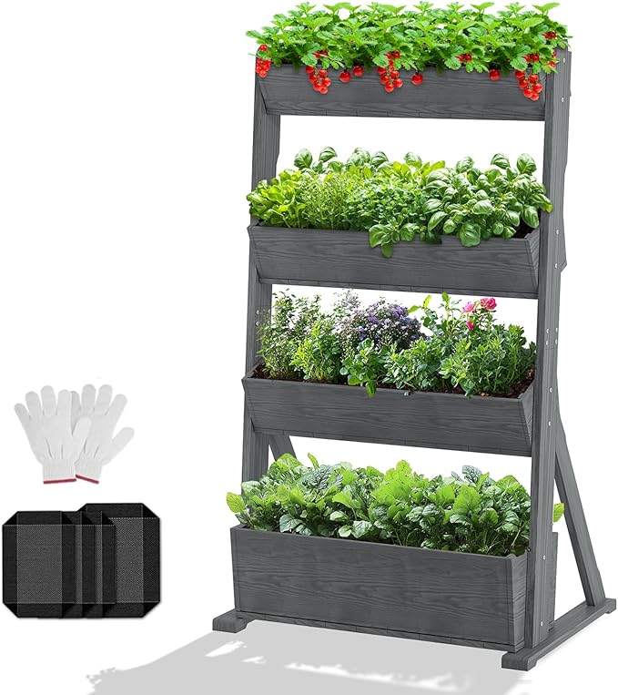DoCred Vertical Wooden Raised Garden Bed, 4 Tier Garden Planters Freestanding Wood Plant Stand Flower Rack Wooden Planter Box for Plants Herbs Flowers Vegetables Outdoor Indoor Gardening