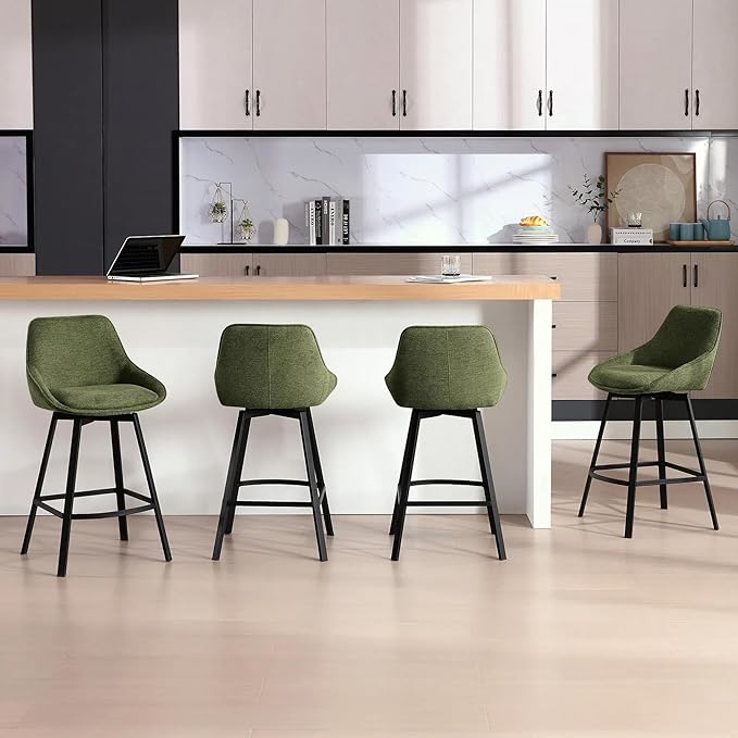 Zesthouse Swivel Bar Stools Set of 4, Modern Counter Height Barstools with Backs, 26'' Upholstered Linen Fabric High Chairs for Island Kitchen, Counter Height Chairs with Metal Legs, Green