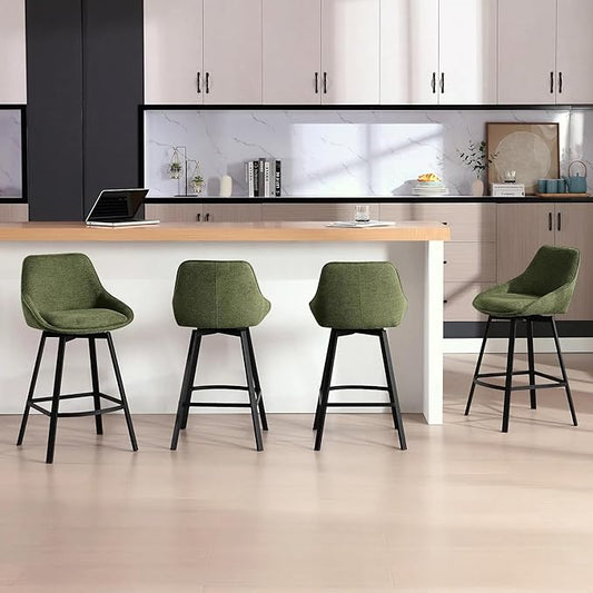 Zesthouse Swivel Bar Stools Set of 4, Modern Counter Height Barstools with Backs, 26'' Upholstered Linen Fabric High Chairs for Island Kitchen, Counter Height Chairs with Metal Legs, Green