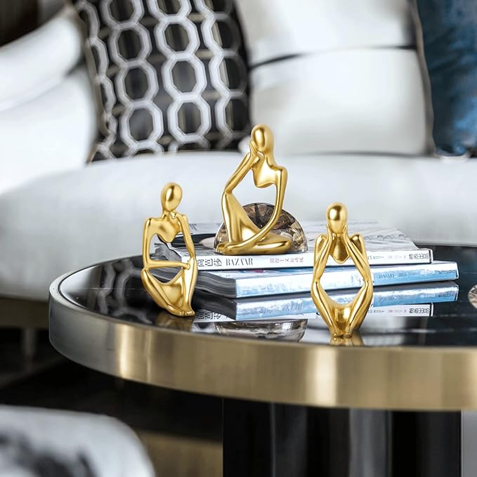 BrownLove 3pcs Golden Decor Thinker Statue Abstract Art Sculpture，Resin Collectible Figurines for Home Living Room Office Shelf Decoration