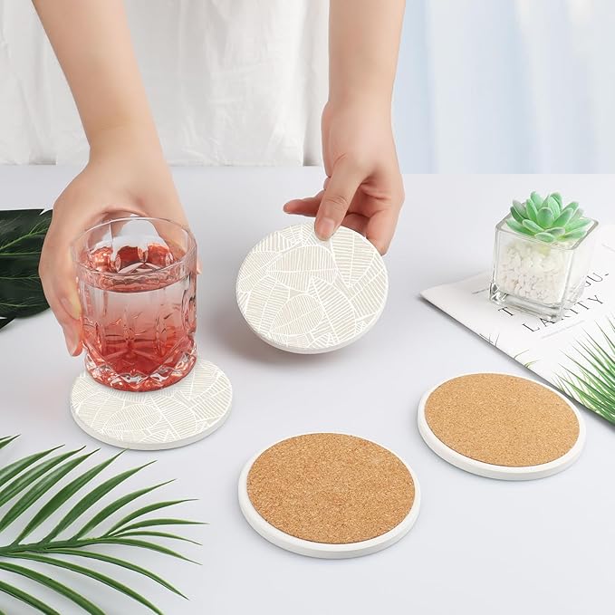 Ceramic Table Coasters for Drinks Set of 2, Cute Desk Office Coasters with Cork, Funny Marble Glass Cup Posavasos Absorbent for Coffee or Plant, Heat-Resistant Protect Furniture (2Pack, Leaf)