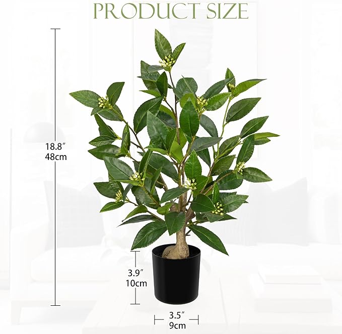 Briful Fake Plants 18.8'' Tall Artificial Plants Indoor Decor, Faux Bay Laurel Plant with Flowers in Black Pot, Floor Plant Houseplant for Home Farmhouse Outdoor Patio Porch Decorations