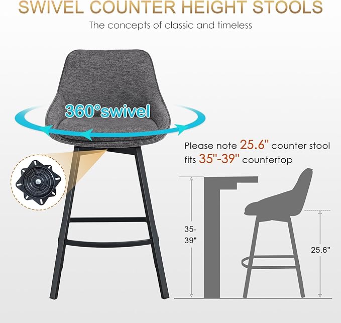 Zesthouse Swivel Counter Height Stools Set of 4, Modern Upholstered Barstools with Backs, 26'' Linen Fabric Counter Height Bar Stools, Metal High Chairs for Island Kitchen, Dark Grey