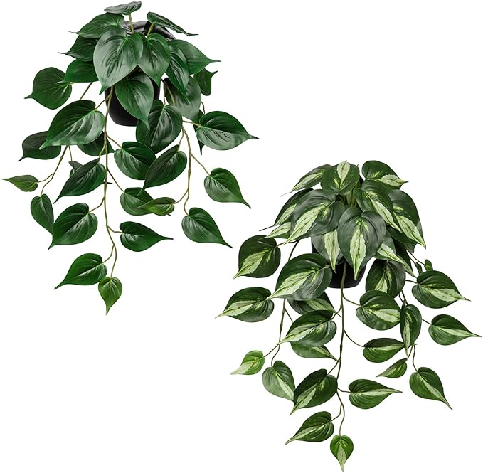 DILATATA 2 Pack Artifitial Hanging Plants 18" Fake Devil's Ivy Golden Pothos Plants, Hanging Potted Plants for Home Office Bedroom Indoor Outdoor Decor
