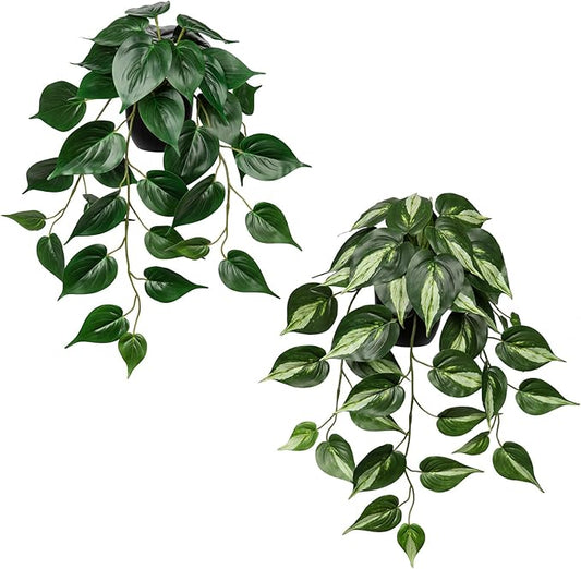 DILATATA 2 Pack Artifitial Hanging Plants 18" Fake Devil's Ivy Golden Pothos Plants, Hanging Potted Plants for Home Office Bedroom Indoor Outdoor Decor
