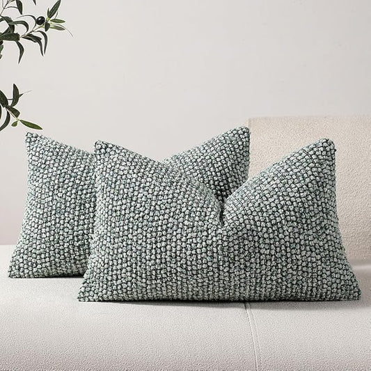 DEZENE Striped Throw Pillow Covers 12x20 Set of 2 Green Textured Polyester Chic Morden Boho Accent Farmhouse Rectangular Lumbar Decorative Couch Pillow Covers for Home Decor Bed Sofa Living Room