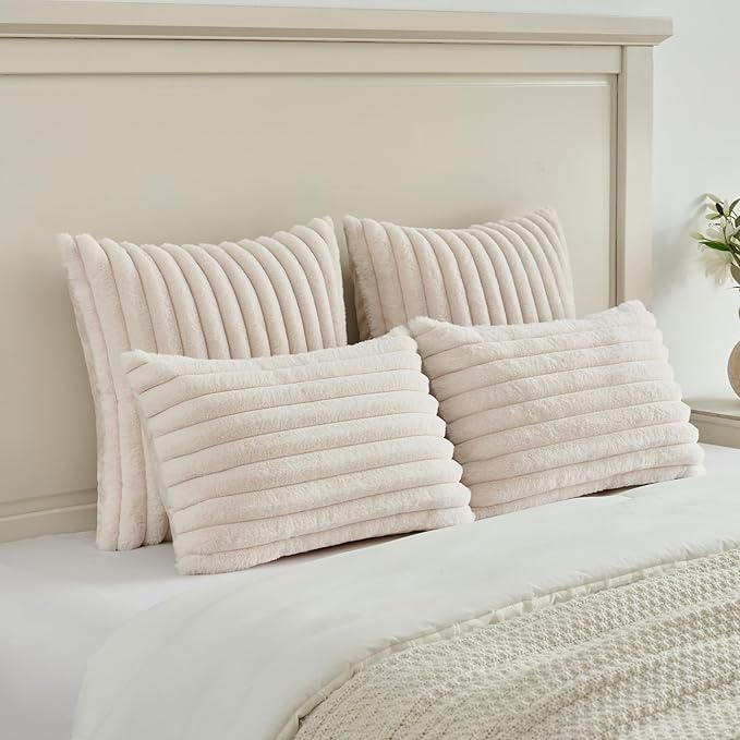 FUTEI Beige Striped Decorative Throw Pillow Covers 20x20 Inch Set of 2,Square Fall Decorations Couch Pillow Case,Soft Cozy Faux Rabbit Fur & Velvet Back,Modern Home Decor for Bed