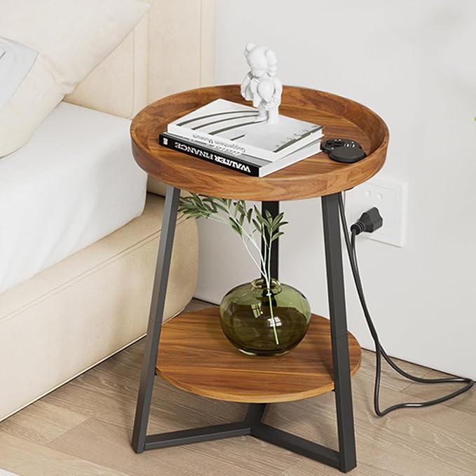 Gadroad Round End Table with Charging Station, USB Ports, Wood Tabletop & Black Metal Frame, 2-Tier Side Table for Living Room, Bedroom, Brown 15.7 * 15.7 * 23.0inches