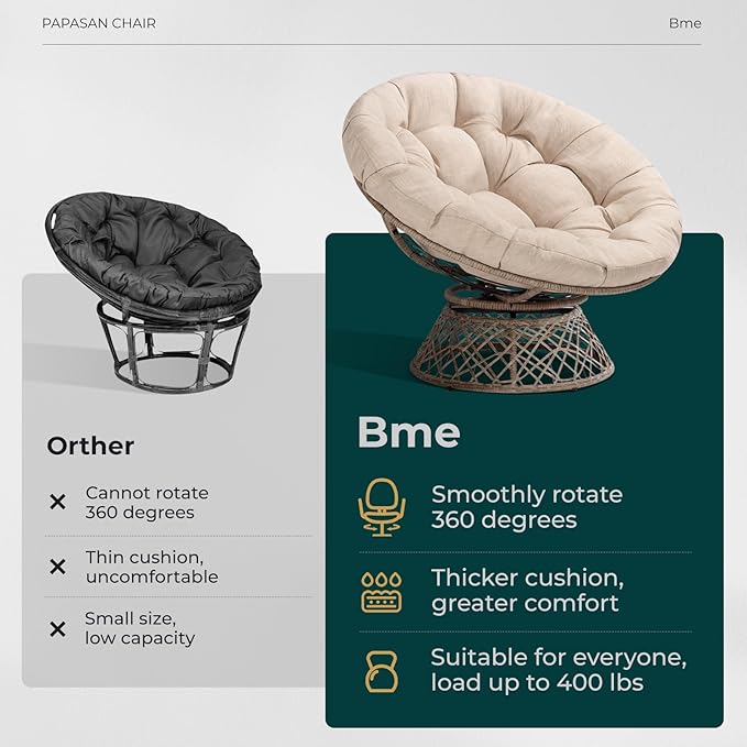 Bme 40" Ergonomic Wicker Papasan Chair with Soft Thick Cushion & Frame, 360° Swivel, Circle, Reading, Comfy Chair for Living Room, Bedroom