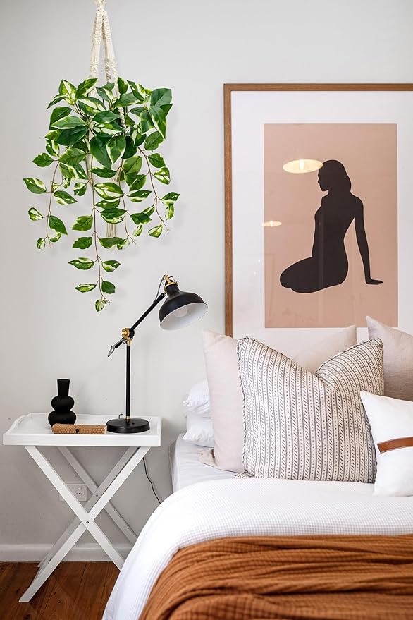 Briful Macrame Hanging Plant with Fake Pothos in White Pot, White N' Joy Faux Hanging Decor for Home Ceiling, Farmhouse Kitchen