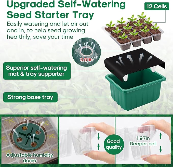 BlumWay Self-Watering Seed Starter Tray Kit with Grow Light and Humidity Dome,3 Color Growing Light,5-Pack 60-Cell Plant Seedling Tray,Reusable Plastic Germination Trays,Timed Light Plant Starter Set