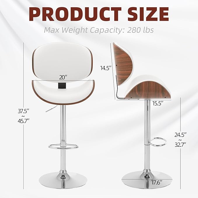 civama Bar Stools 1 PC for Kitchen Counter, Adjustable Bar Height Chairs, Modern Swivel Barstools with Bentwood Seat and Back with Footrest for Kitchen Island, Dining Room, White PU Leather