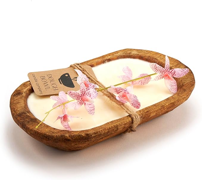 Dough Bowl Candle Co. Sea Salt and Orchid Soy Candle - 3 Wick Rustic Farmhouse Coffee Table Decor, Odor Eliminator in Wooden Bowls, 20 Oz Wooden Dough Bowl Candle, All-Natural Gifts for Women and Men