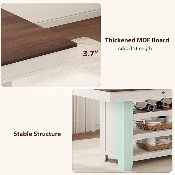 GAOMON 60" Counter Height Dining Table for 4, Farmhouse Rectangular Tall Bar Height Kitchen Dining Table & Thick Table Top, with Deepened Wine Rack & Shelves for Kitchen, Bar,Retro White & Brown